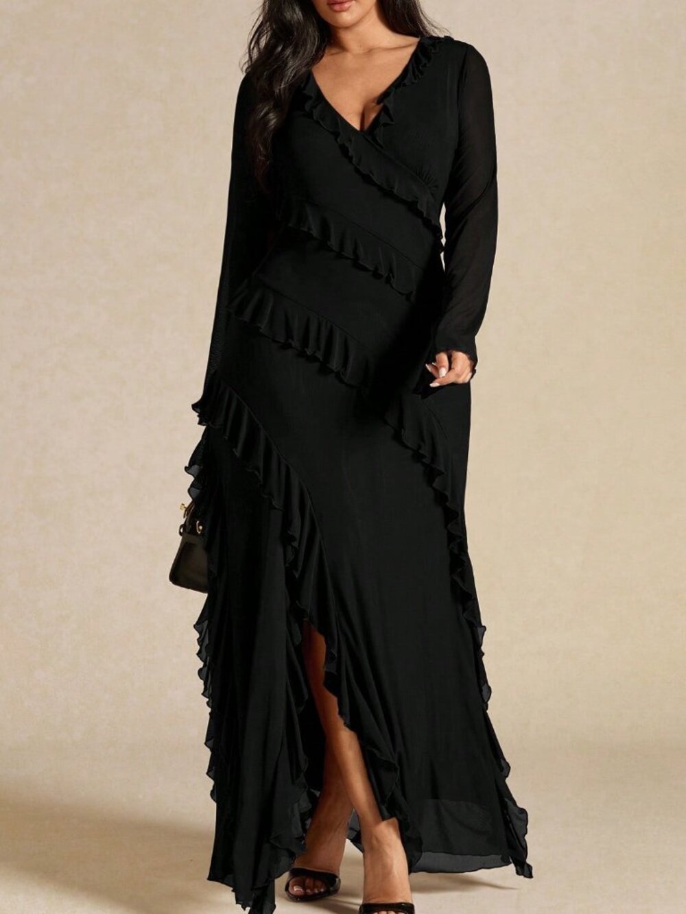 Black Elegant Women's Plus Size Ruffle Hem Long Sleeve Dress